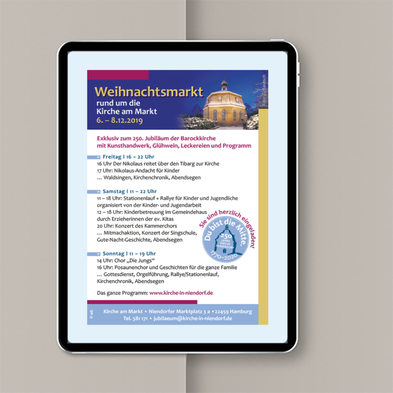 Grafikdesign für die Anzeige ‚Kirche am Markt‘ des Niendorfer Wochenblatts – Marketing und Werbung für Printmedien